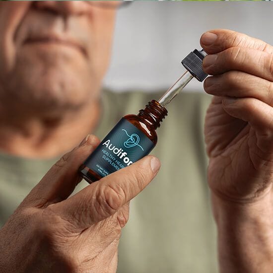 Official Audifort brand artwork showing a person holding an Audifort bottle